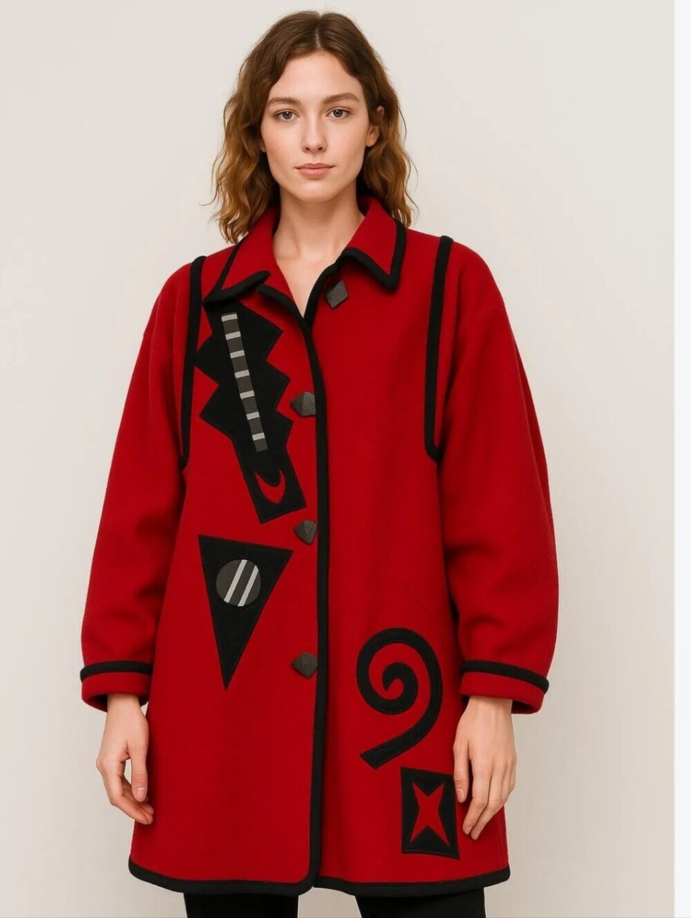 Beppa Vintage Red Wool-Blend Art Coat with Black Graphic Trim Womens Large